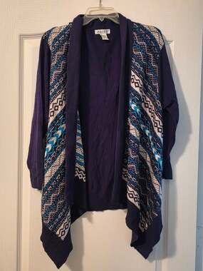 Abito Open Front Cardigan Size 1X Navy Blue Geometric Print